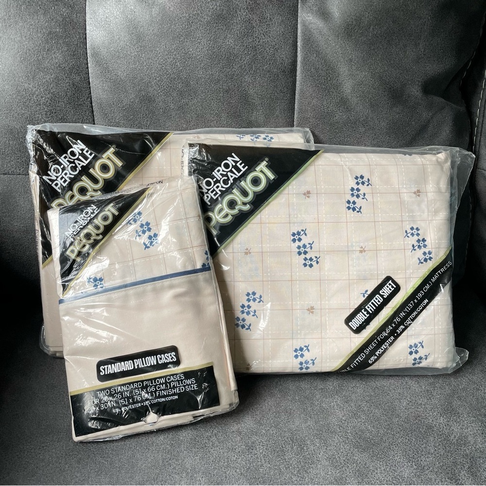 Vintage‎ Pequot No-Iron Percale Double Sheets Pillow Case Set Beige Blue Floral
